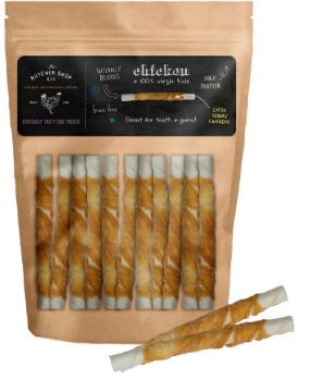 Picture of The Butcher Shop Co. 5" x 9-10mm White Twisted Stick Wrapped with Chicken 25pk x 1