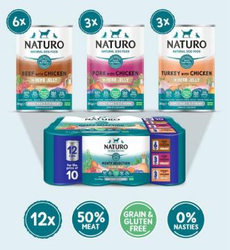 Picture of Naturo Adult Dog Cans Meaty Selection in Herb JELLY 390g 12/10 12pk
